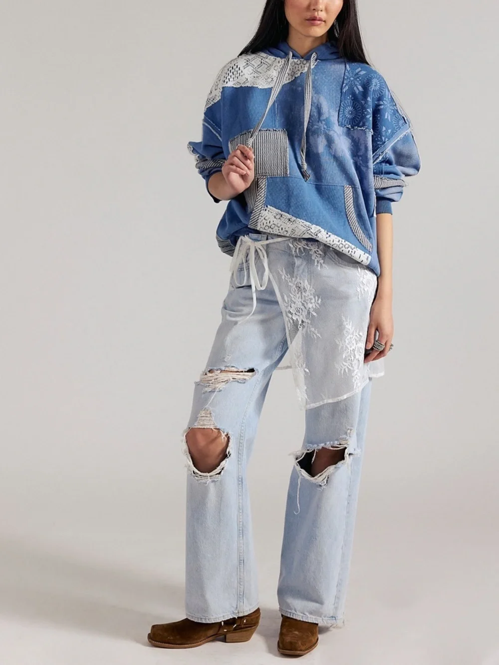 NWT Free People We The Free Tattered Romance Hoodie in Blue Indigo Combo